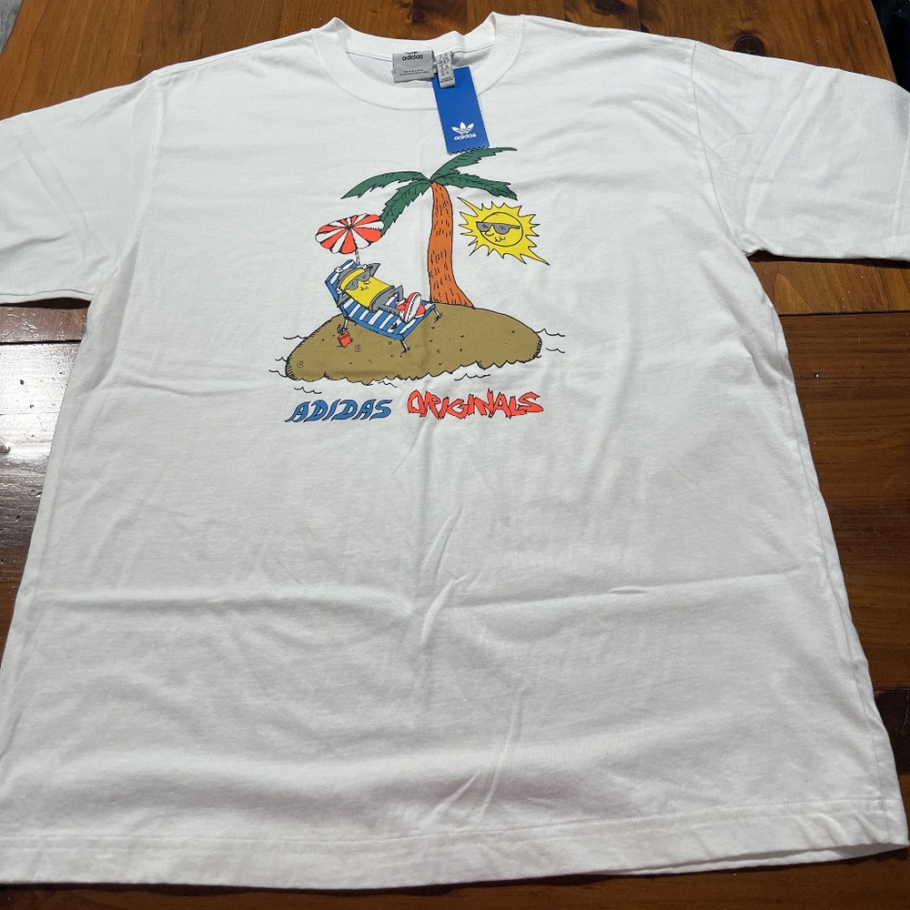 NWT Adidas Mens Beach Sunshine Palm‎ Tree Grephic Short Sleeve Tshirt Size XL
